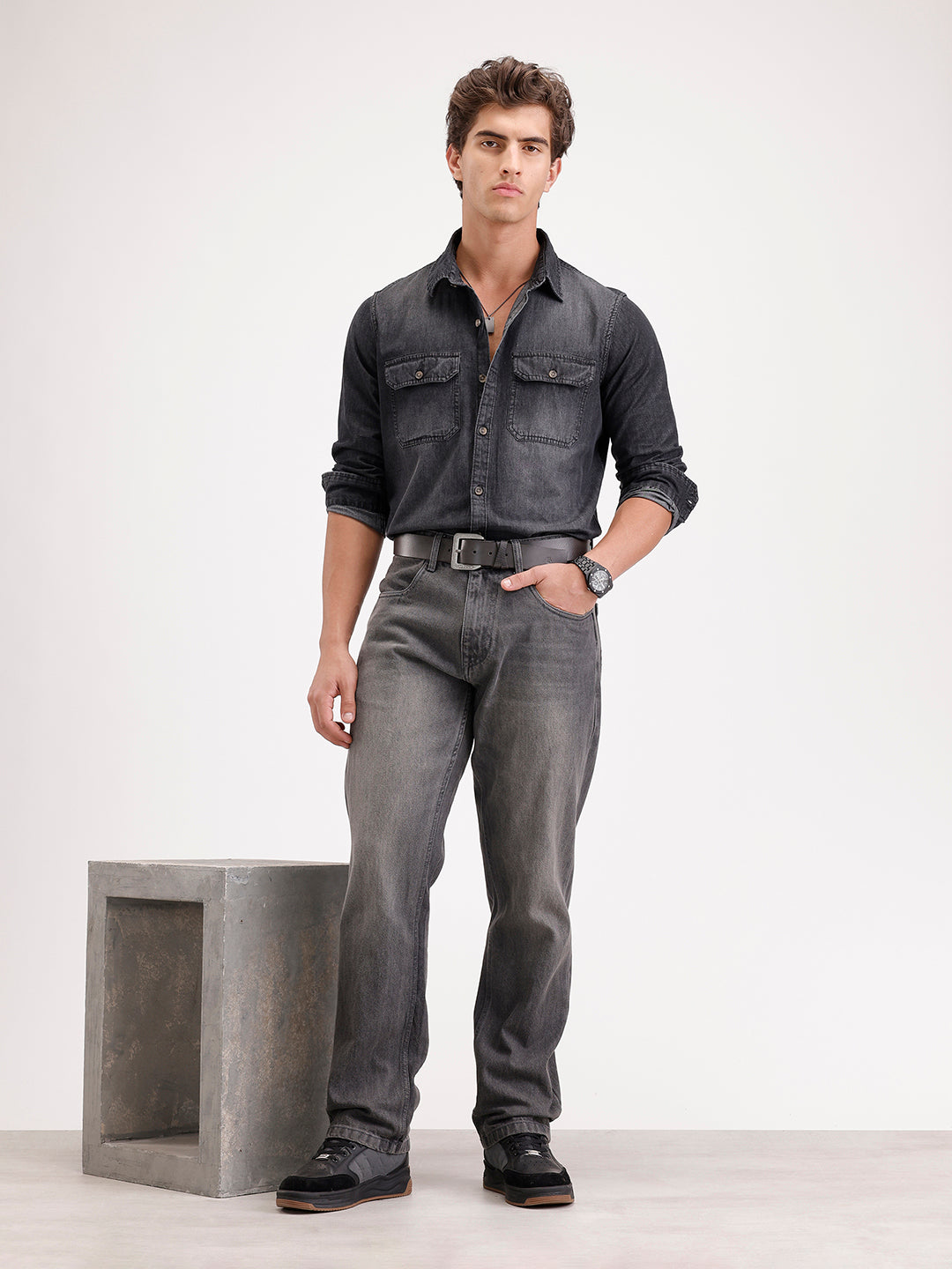 Slim Fit Faded Denim Shirt  | Black