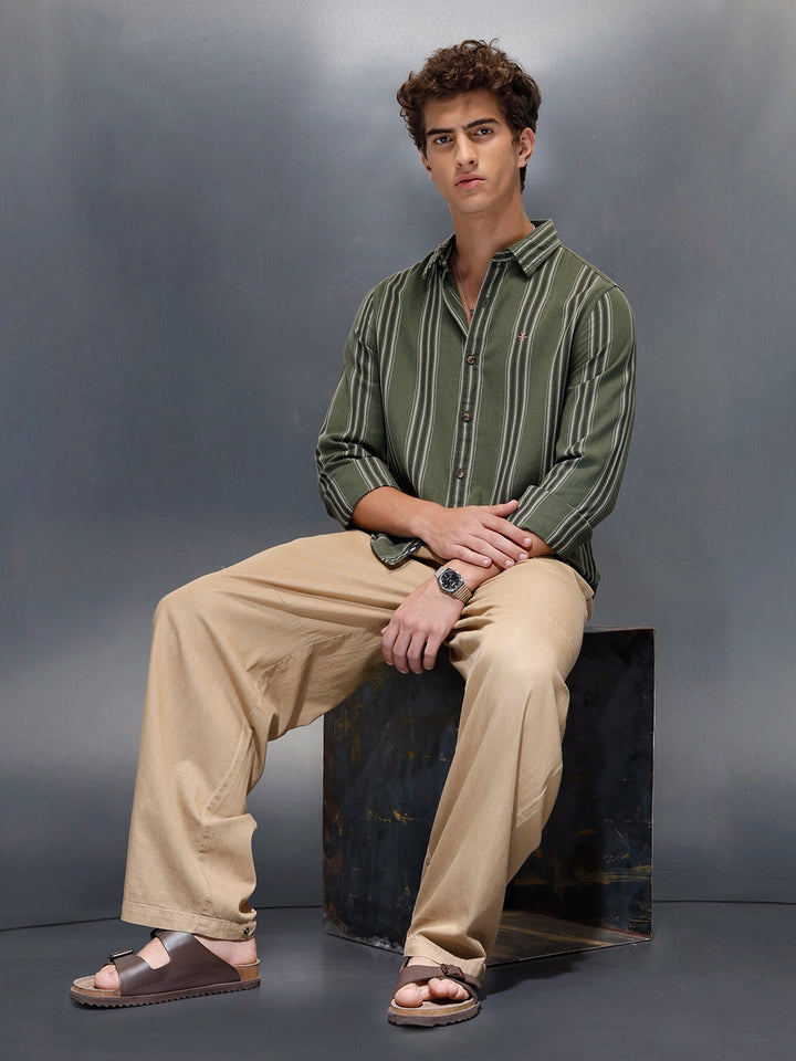 men's casual striped pattern shirt | Olive