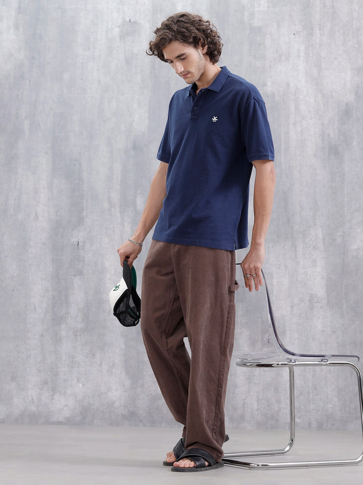 Men Solid Oversized Fit Casual Polo Collar T-shirt | Blue