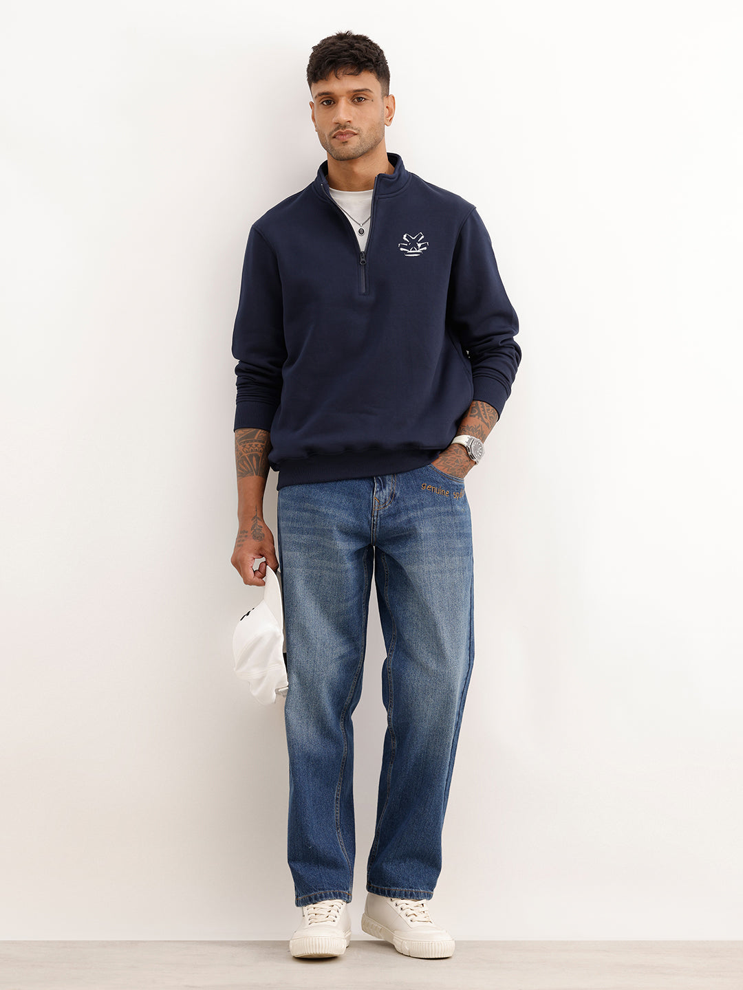 Comfort Fit Placement Printed Sweatshirt | Navy Blue