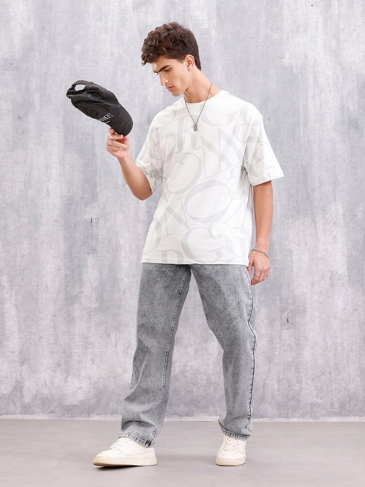 Typo Inspired Tonal Aop Oversized Fit T-shirt | White