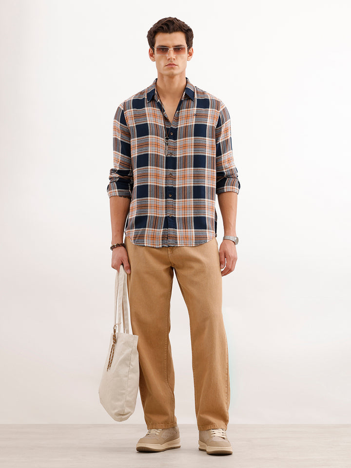 Classic Slim Fit Checkered Shirt  | Navy Blue