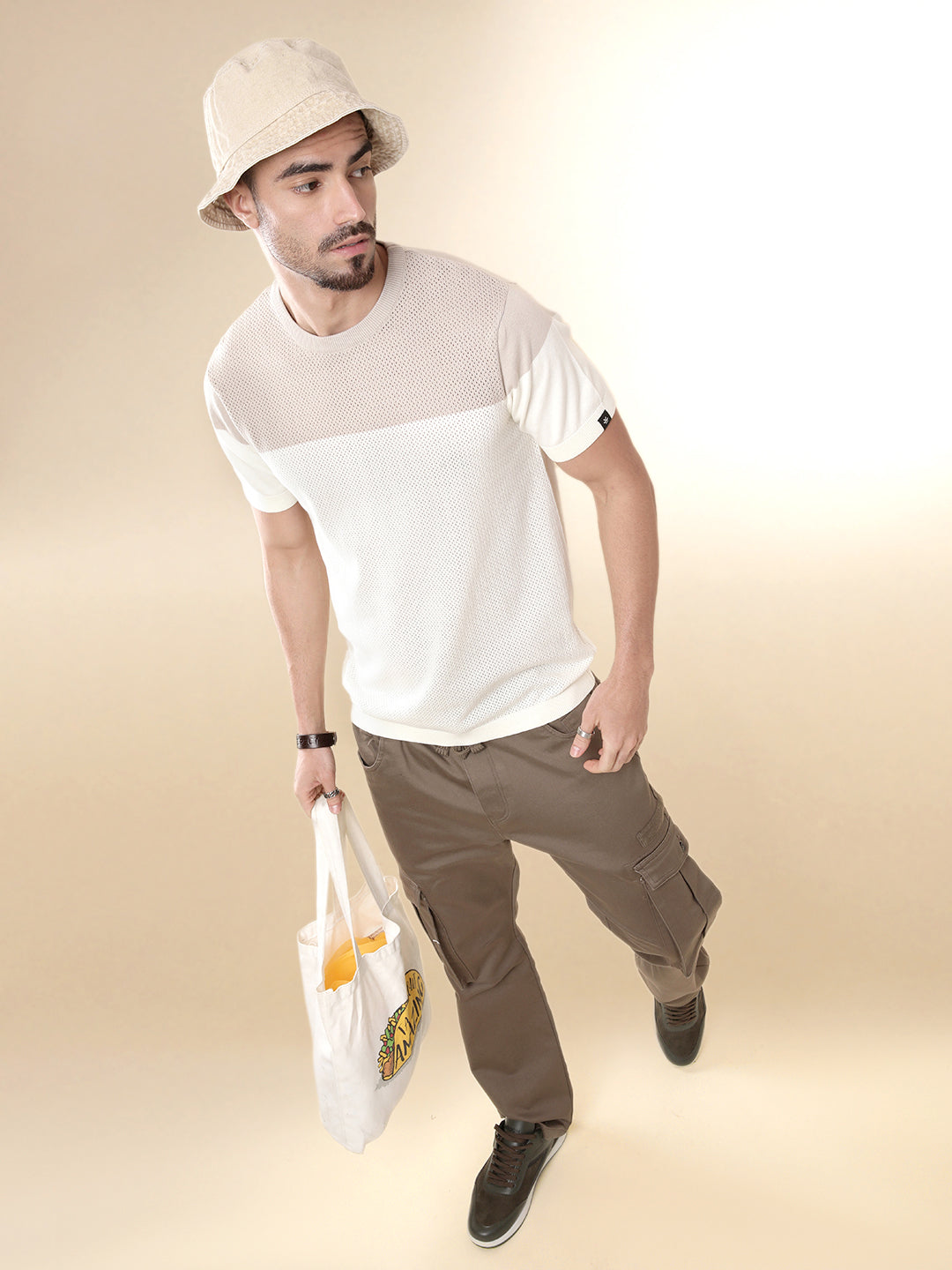 Beige Flat Knit Crew Neck T-Shirt