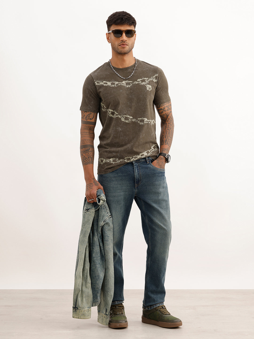 Washed Slim Fit Placement Printed T-Shirt | Olive