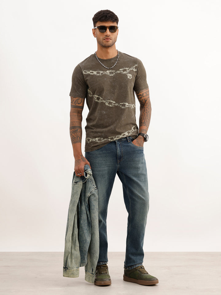 Washed Slim Fit Placement Printed T-Shirt | Olive