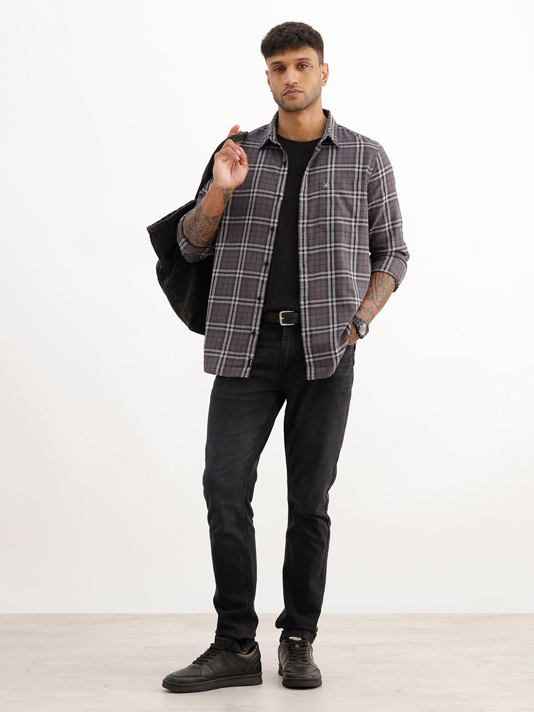 Slim Fit Checkered Full Sleeve Shirt | Dark Grey