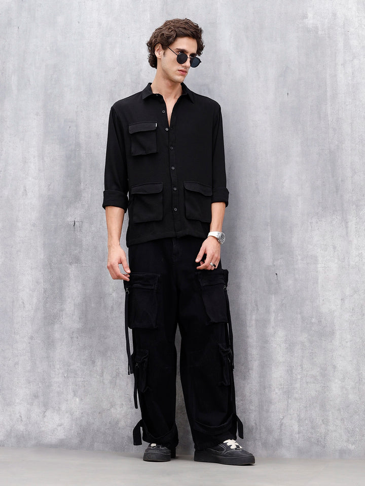 Comfort Fit Solid Shirt With Utility Pockets | Black