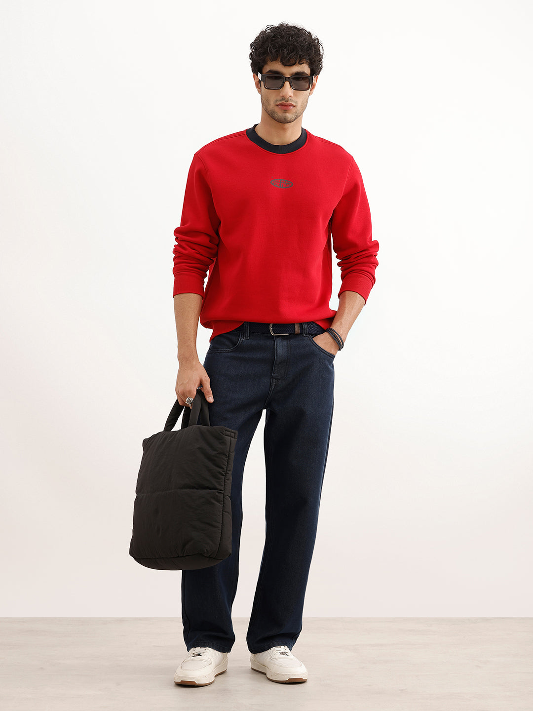 Solid Contrast Collar Placement Printed Sweatshirt | Red