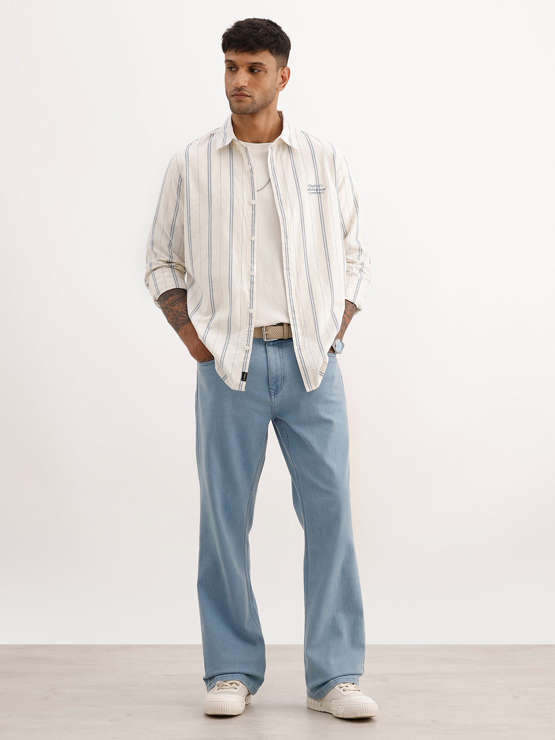 Slim Fit Embroidered Detail Striped Shirt | Off White
