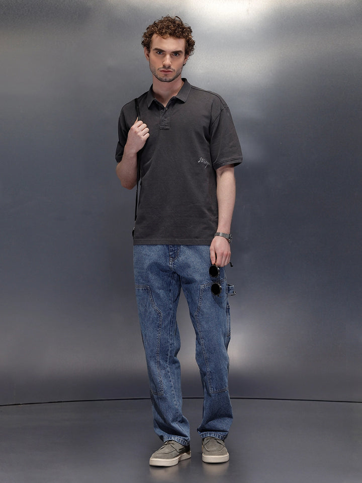 Washed Polo Neck Oversized T-Shirt With Branding | Dark Grey