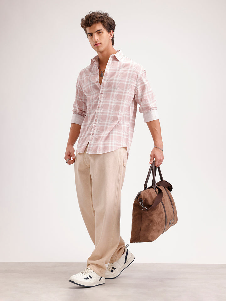 Oversized Fit Checkered Shirt  | Pink