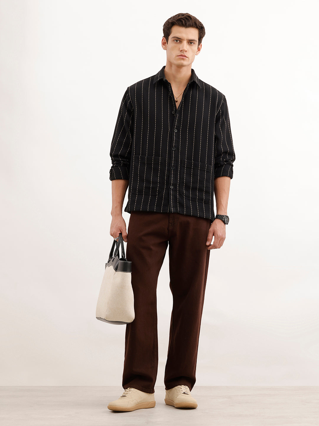Comfort Fit Striped Textured Shirt  | Black