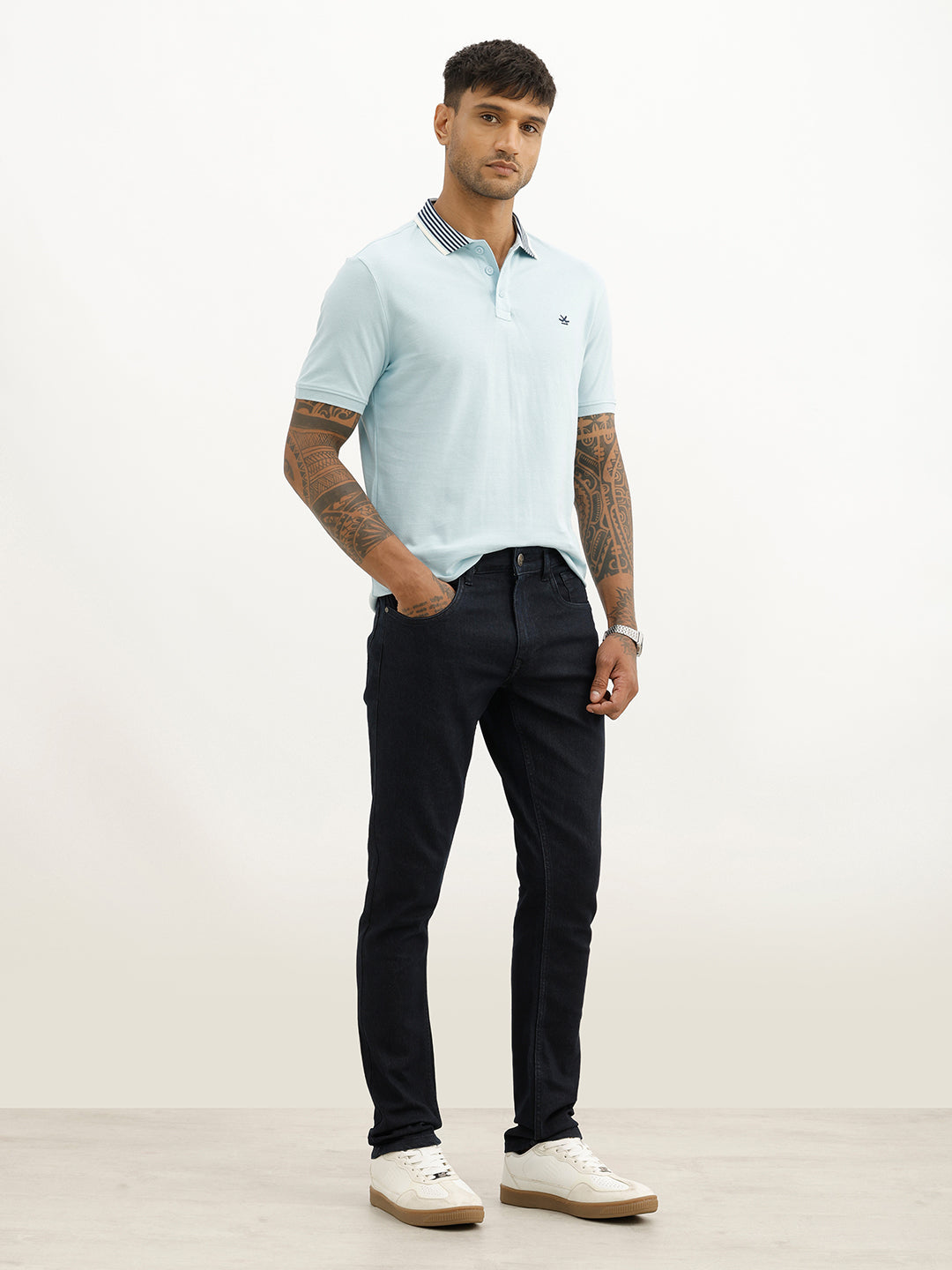 Classic Slim Fit Contrast Collar Polo T-Shirt | Light Blue