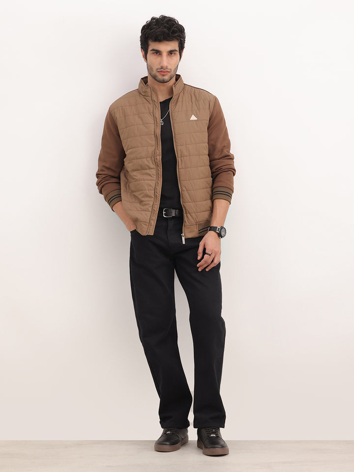 Solid Tipping Sleeve Puffer Jacket | Brown