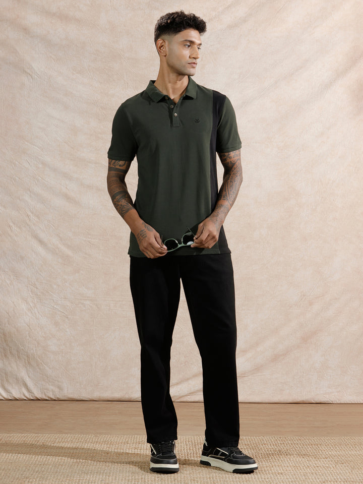 Asymmetric Colour Blocked Polo T-Shirt | Olive