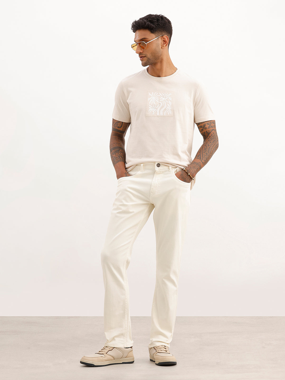 Solid Relaxed Fit Denim Jeans | Beige