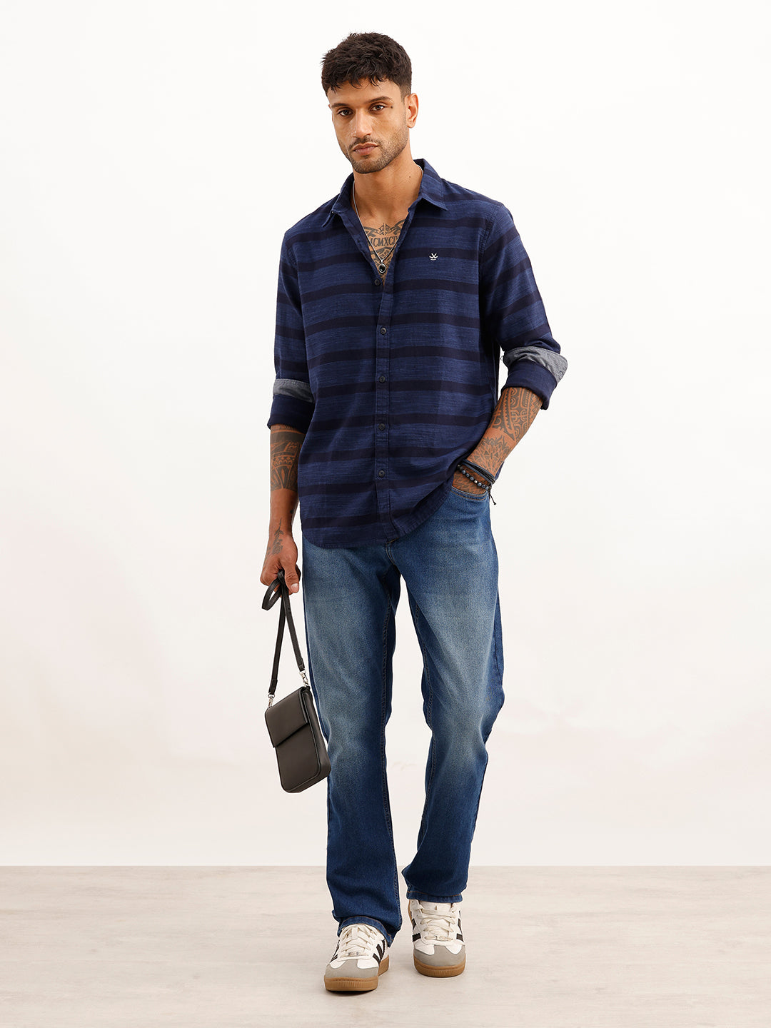 Regular Fit Full Sleeve Striped Shirt | Navy Blue