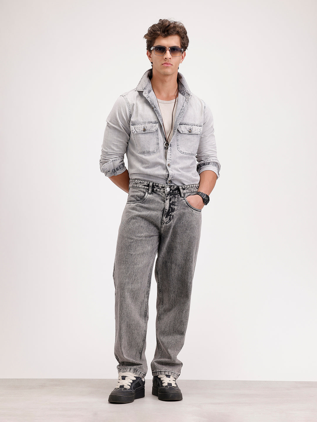 Slim Fit Faded Denim Shirt  | Grey