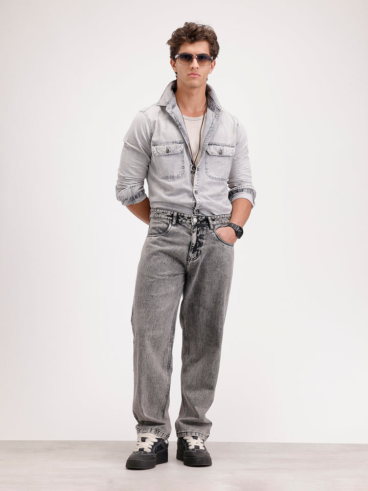Slim Fit Faded Denim Shirt  | Grey