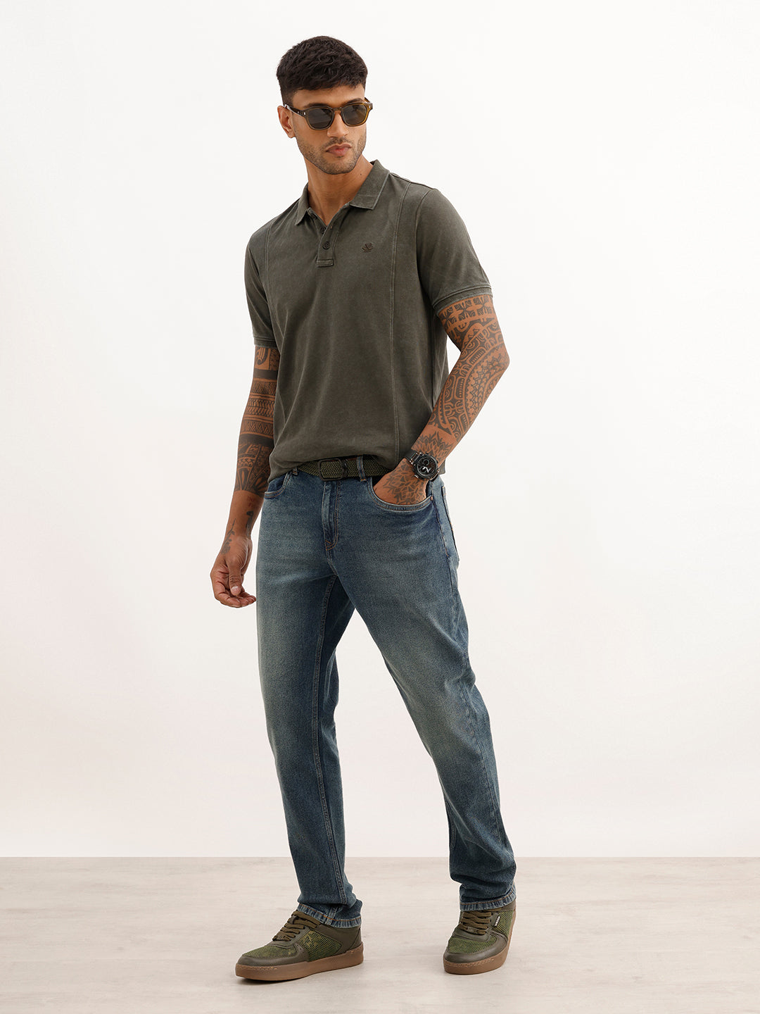 Slim Fit Faded Cut & Sew Polo T-Shirt | Olive