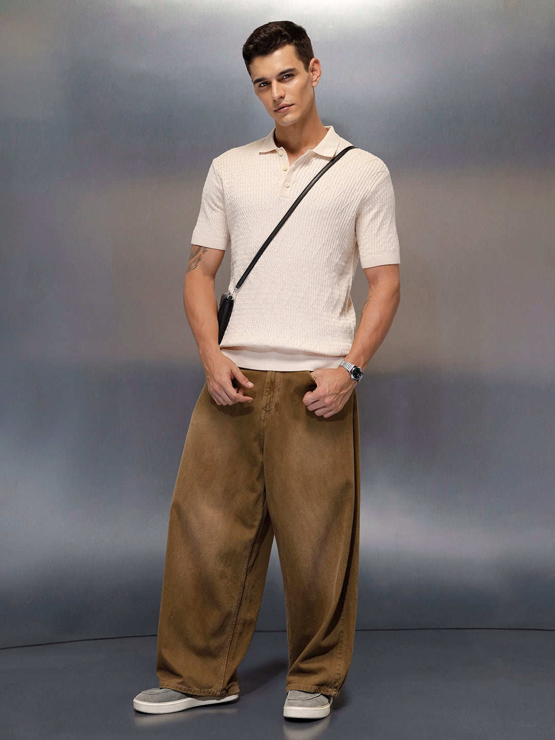 Textured Knit slim fit Polo T-shirt | Beige