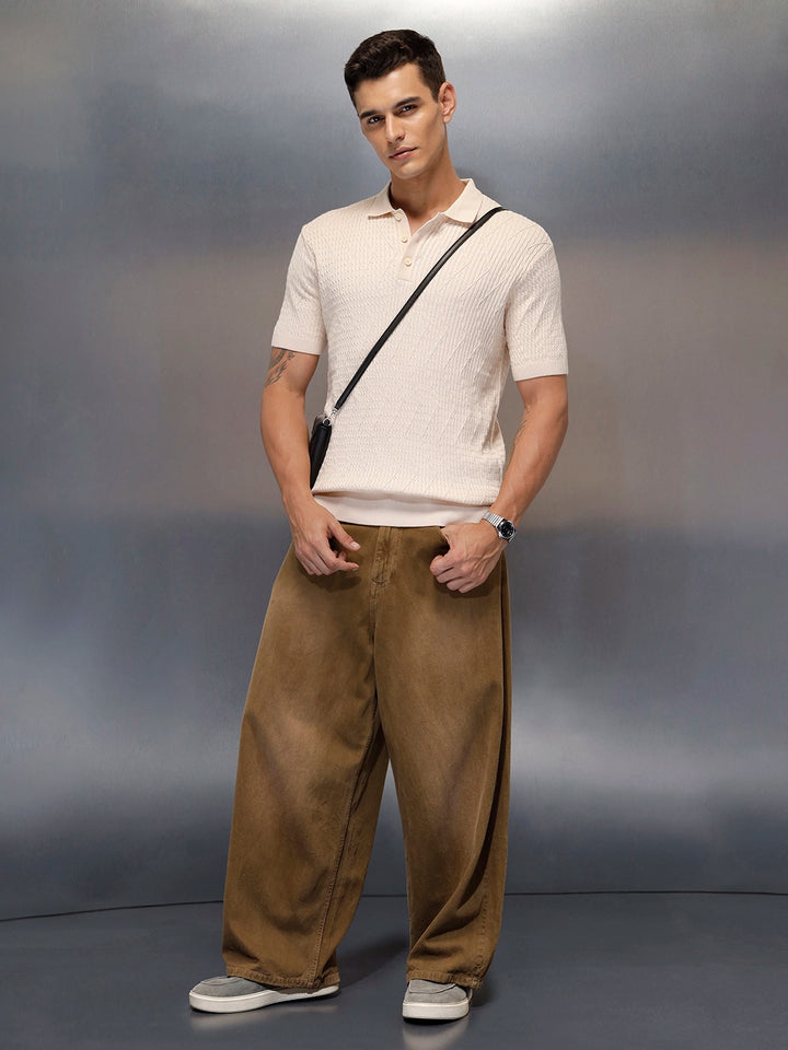 Textured Knit slim fit Polo T-shirt | Beige