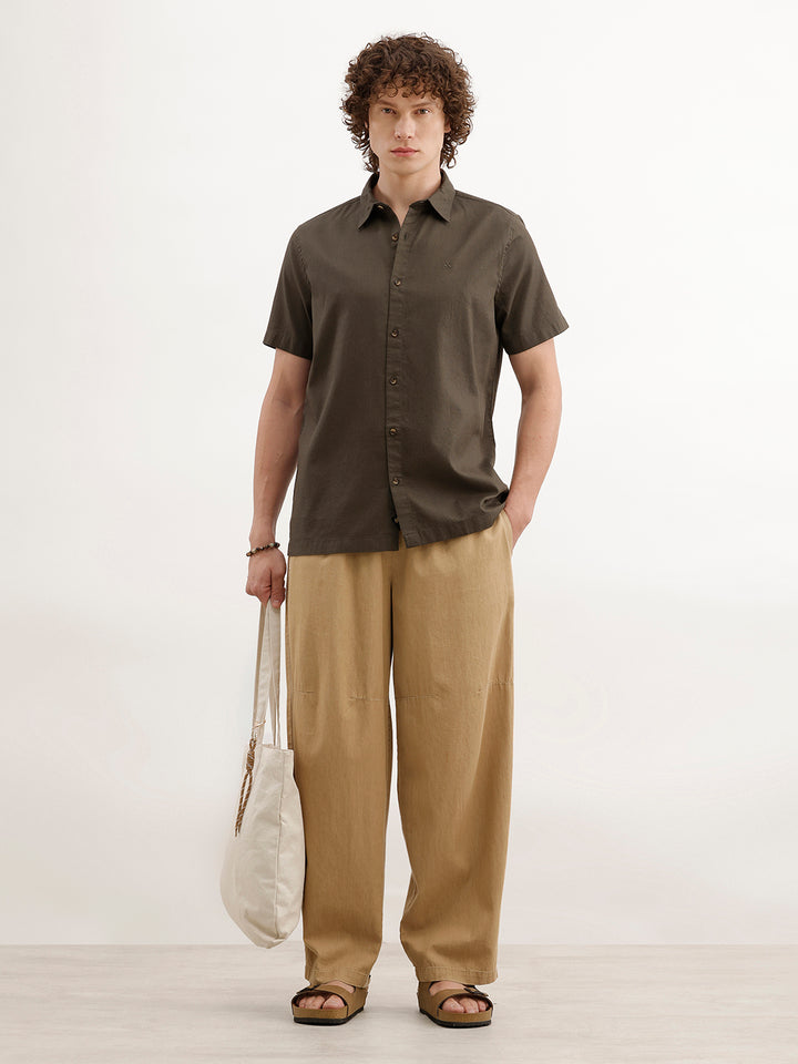 Solid Regular Fit Textured Shirt  | Olive