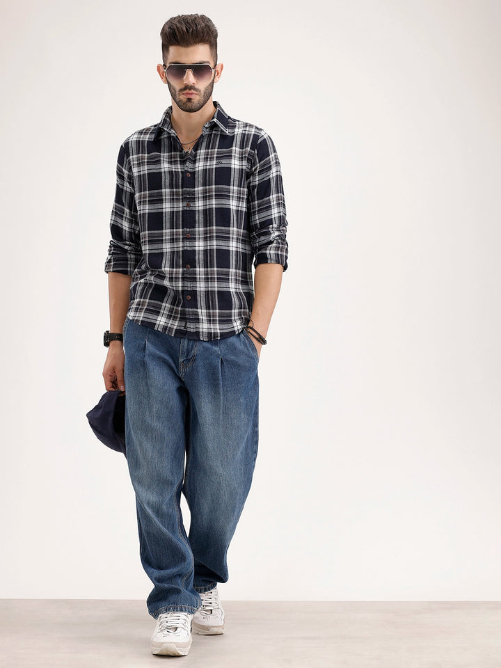 Regular Fit Textured Checkered Shirt | Navy Blue