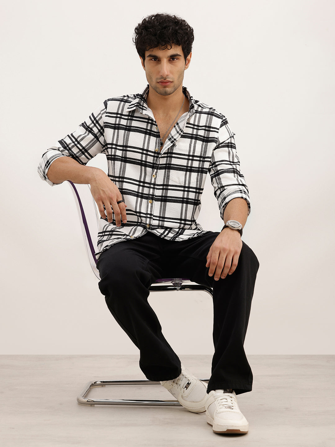 Slim Fit Checkered Full Sleeve Shirt | White