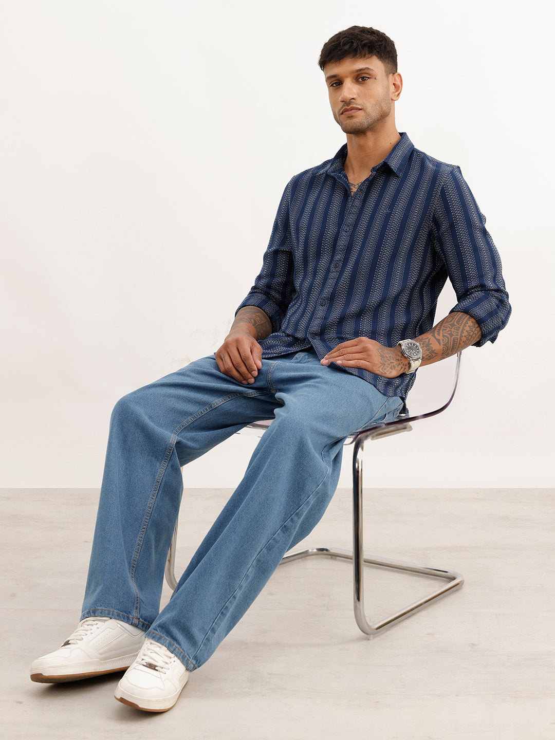 Slim Fit Striped Full Sleeve Shirt | Navy Blue