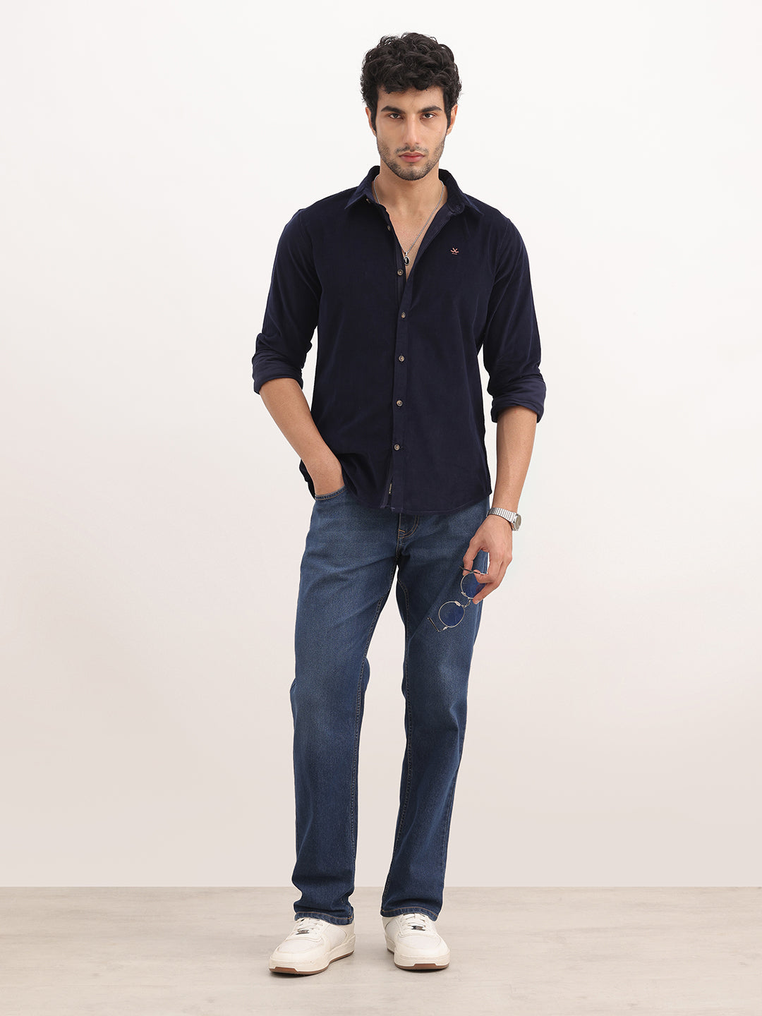 Slim Fit Solid Corduroy Shirt | Navy Blue
