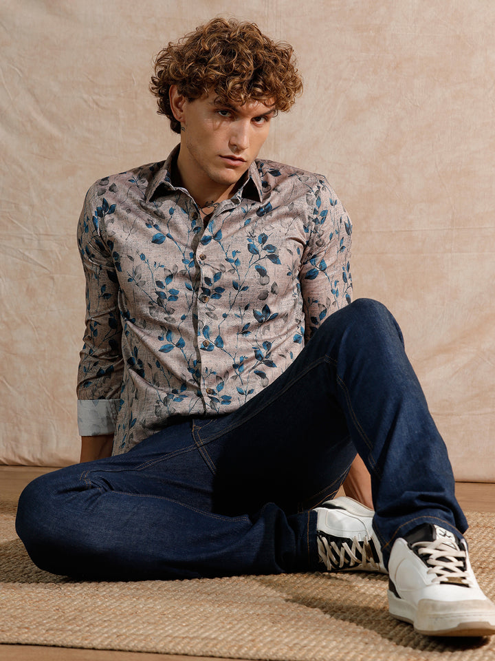 Printed Satin Slim Fit Shirt | Khaki
