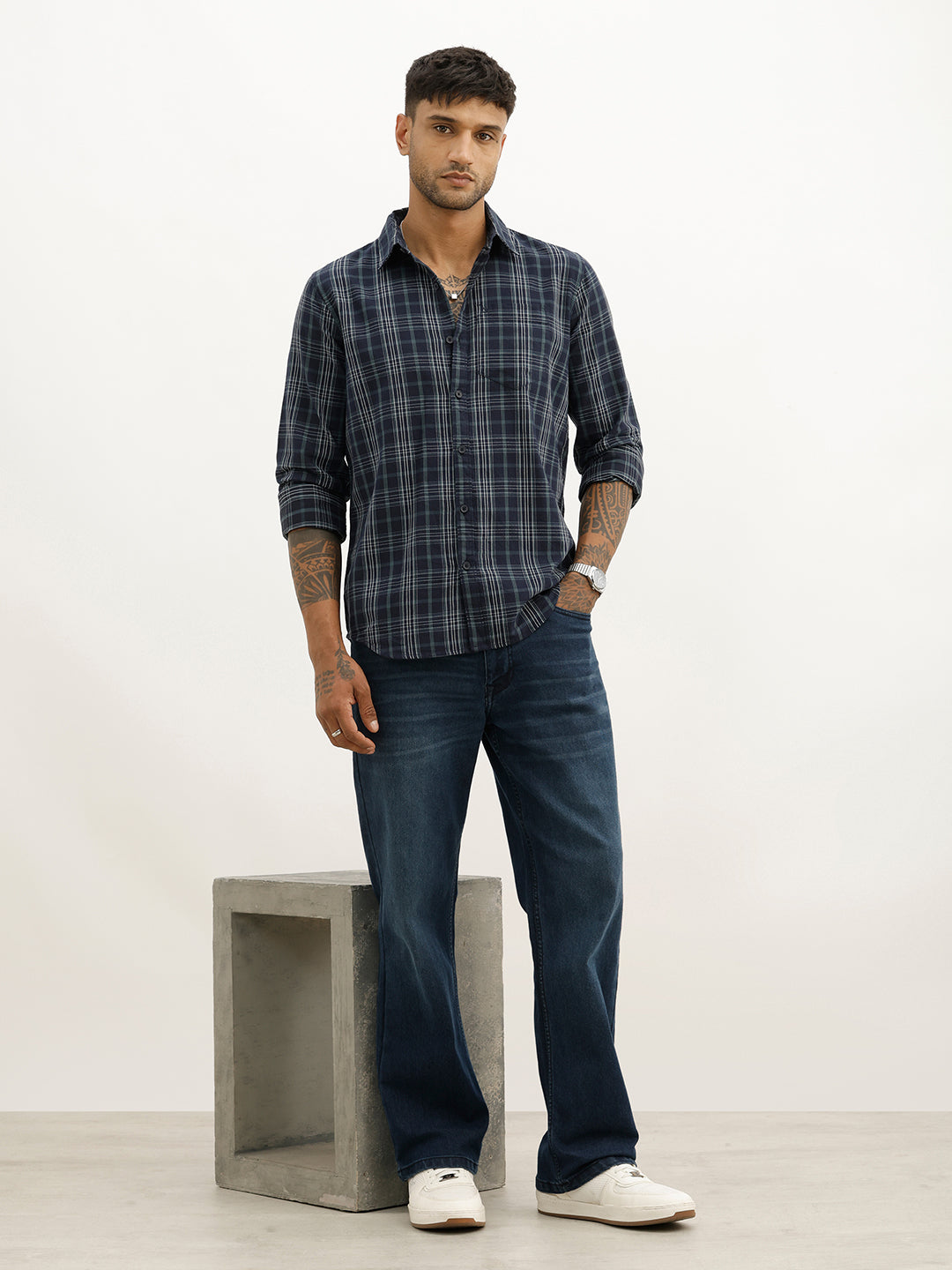 Classic Regular Fit Checkered Shirt | Navy Blue