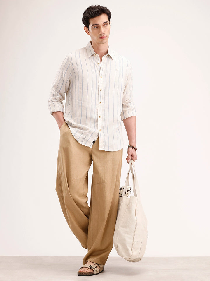 Slim Fit Striped Linen Blend Shirt | Off White