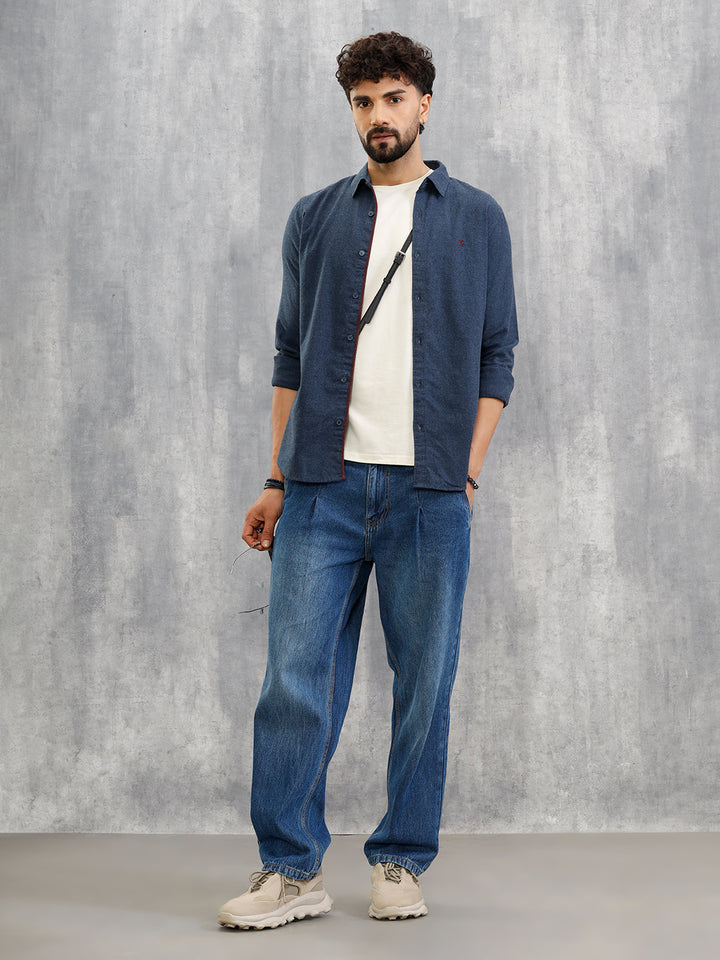 Melange Fabric Smart Shirt In Slim Fit  | Navy Blue