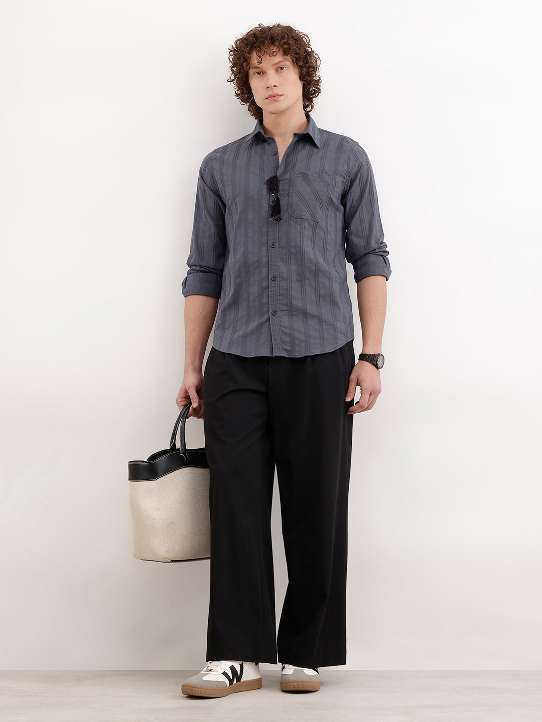 Slim Fit Textured Striped Shirt | Dark Grey