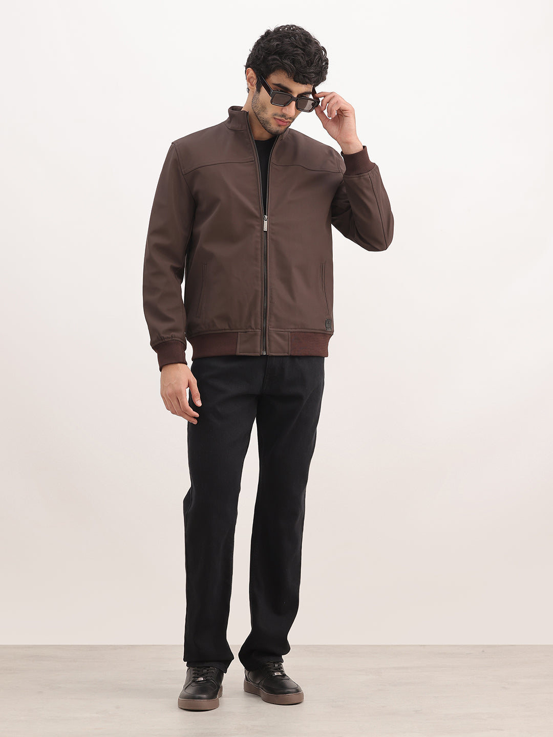 Solid Slim Fit Zipper Jacket | Tan