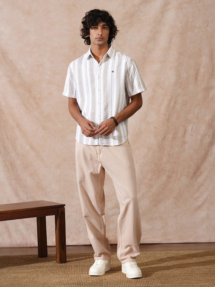 Textured Stripes Comfort Fit Shirt | Khaki