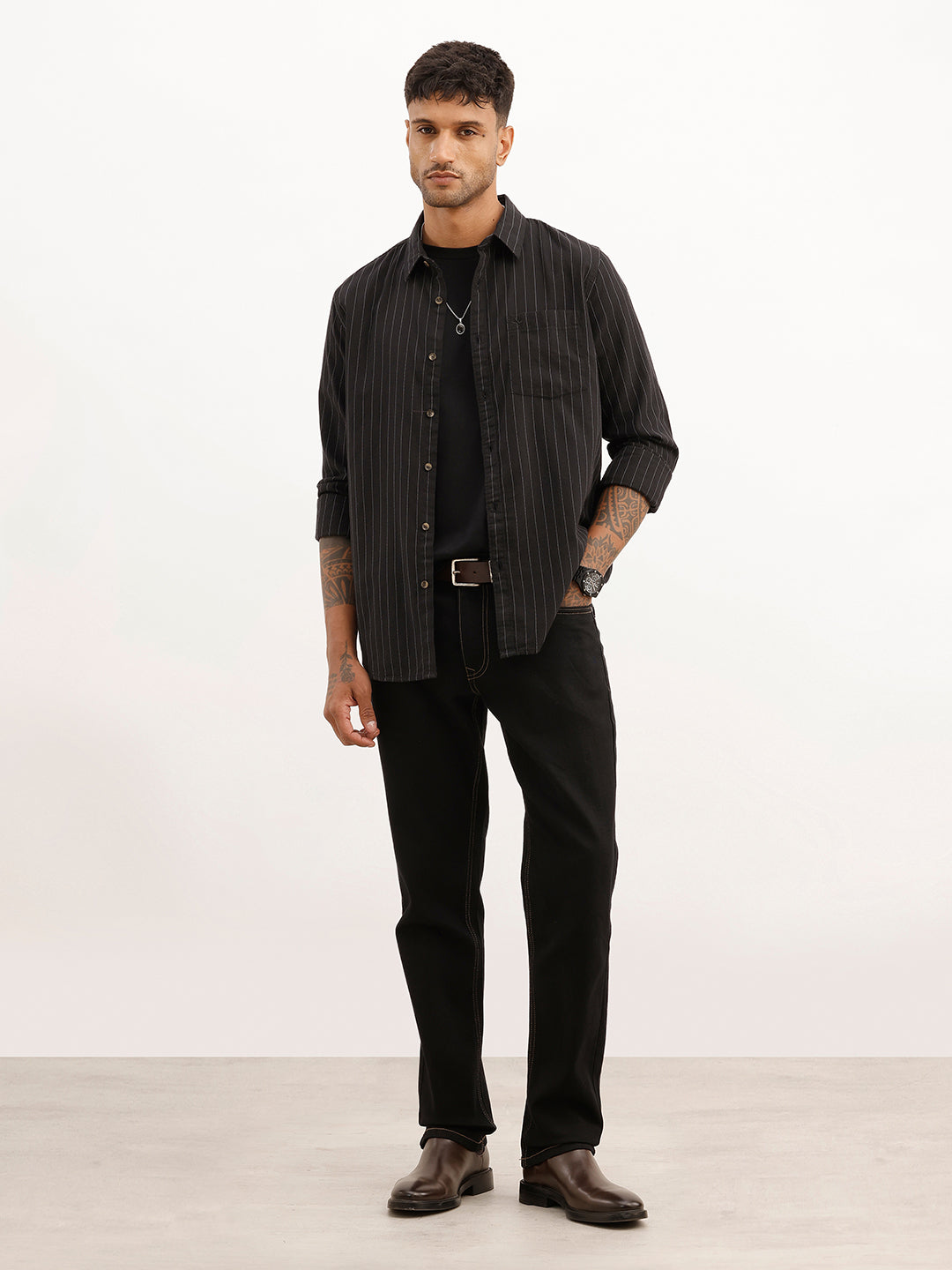 Regular Fit Striped Shirt | Black | WTSH2007F