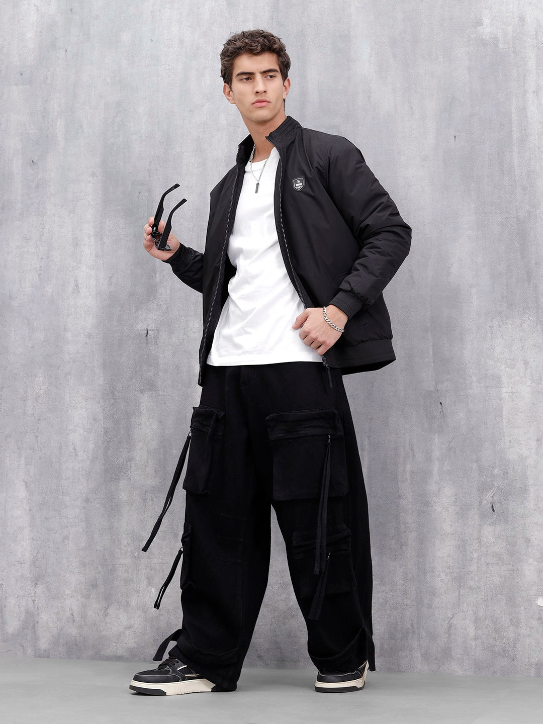 Men's Solid Casual Bomber Jacket | Black