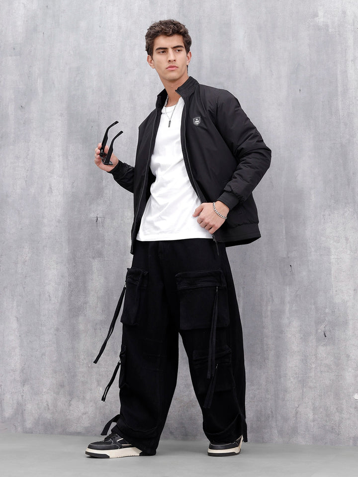 Men's Solid Casual Bomber Jacket | Black