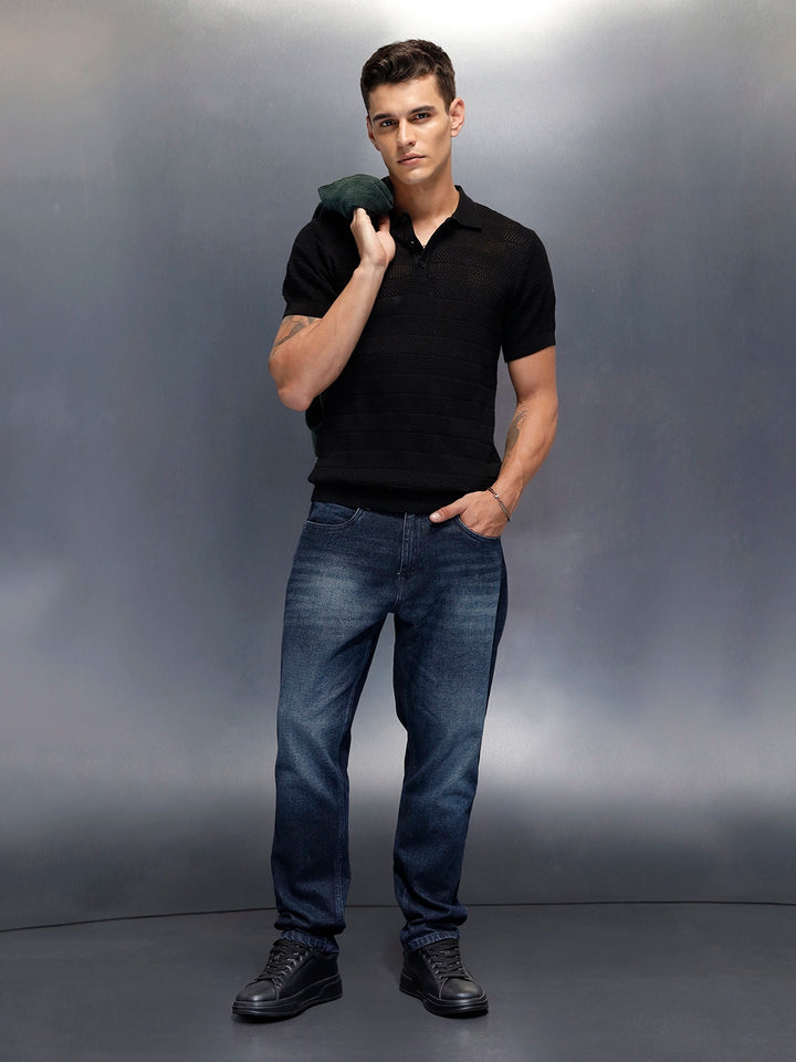 Textured Knit slim fit Polo T-shirt | Black