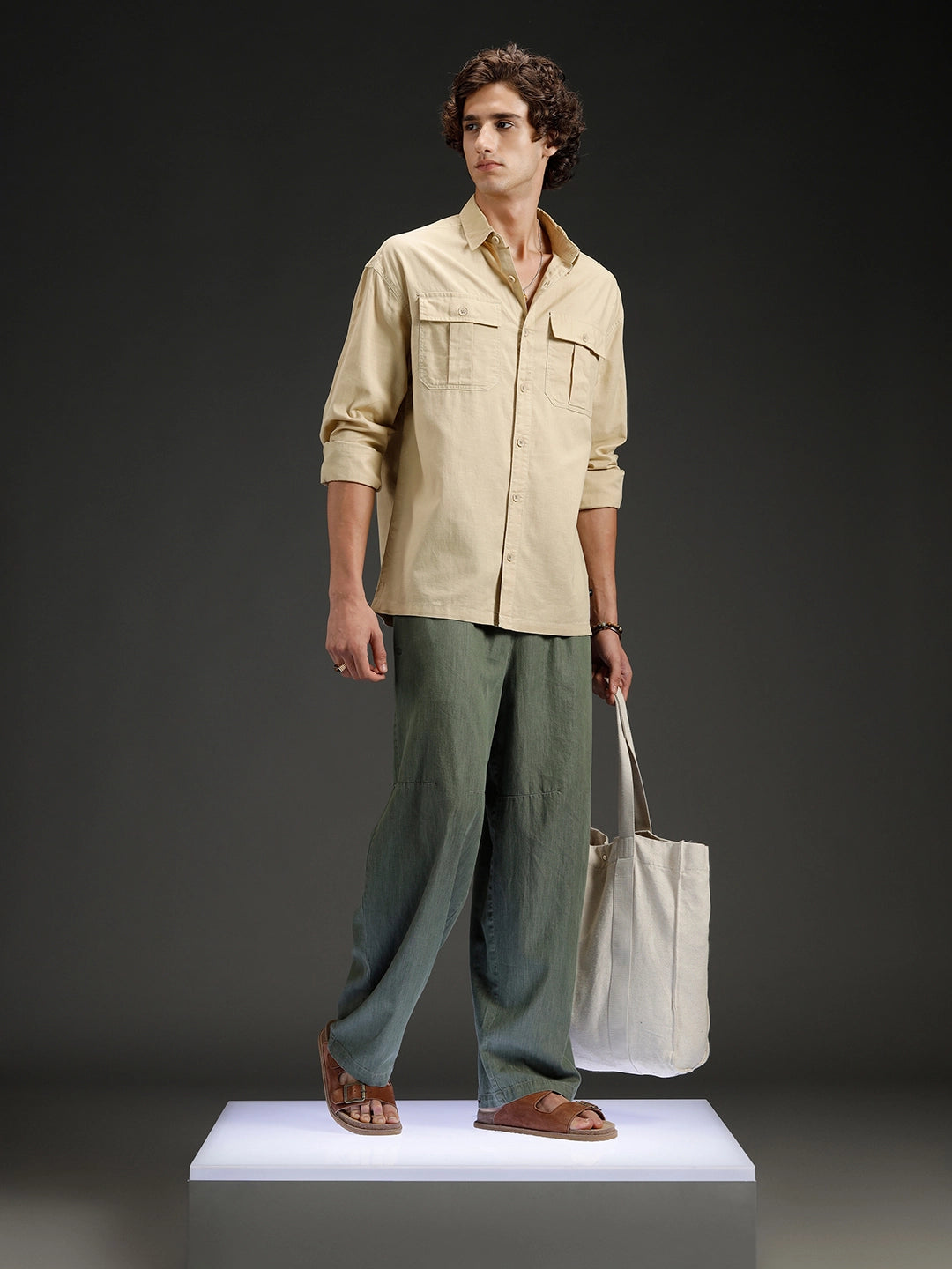 Men's casual oversized fit double pocket shirt  | Khaki