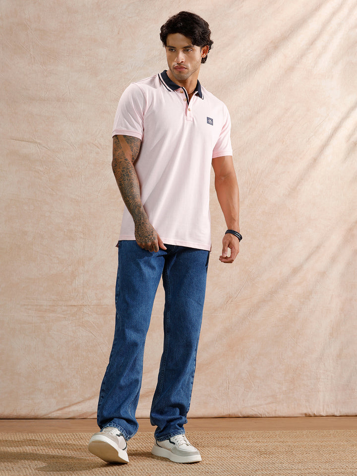 Contrast Striped Collar Polo T-Shirt | Light Pink