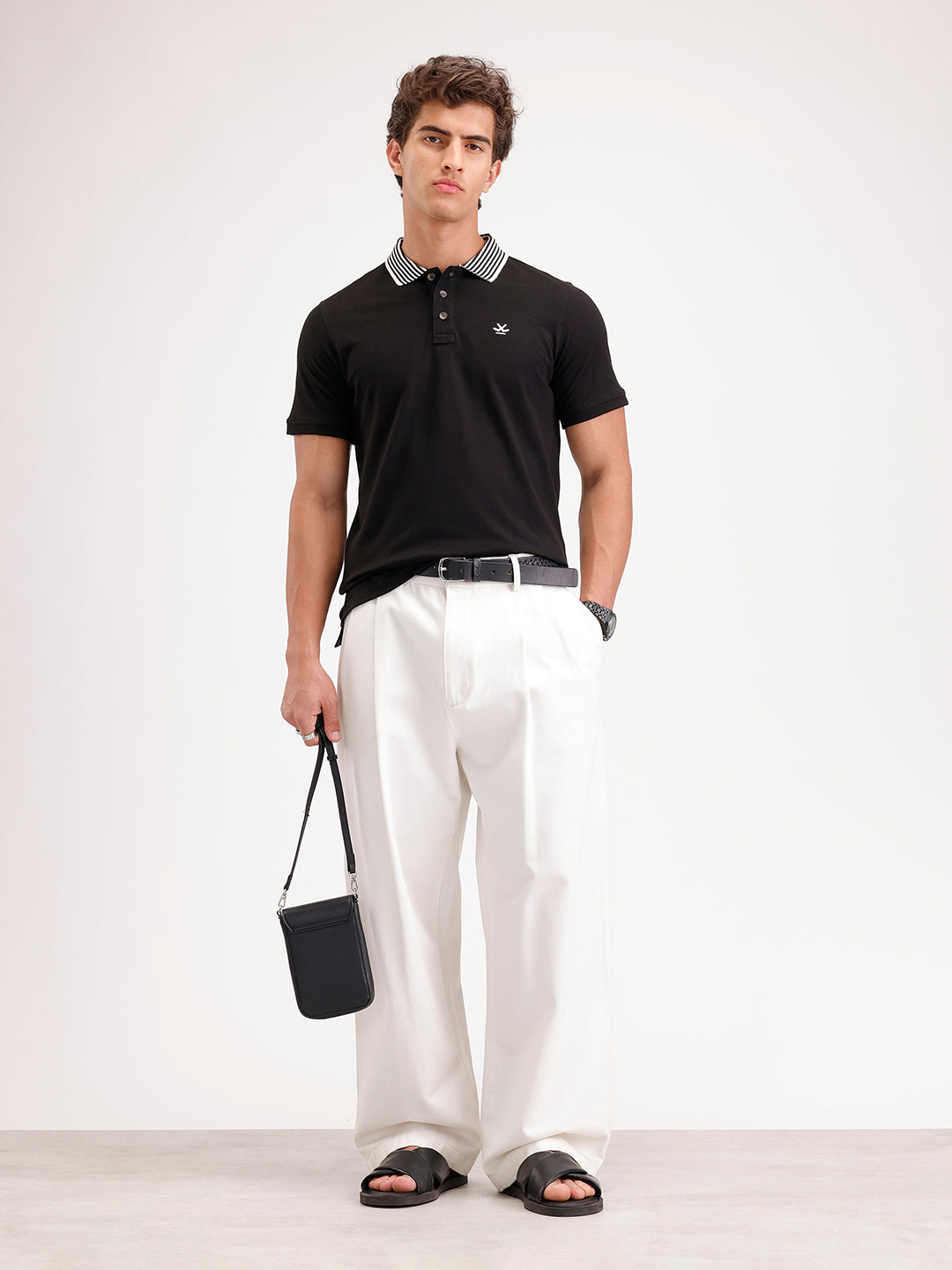 Regular Fit Contrast Collar Polo T-Shirt  | Black