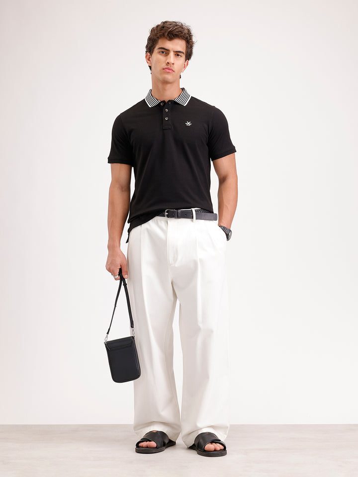 Regular Fit Contrast Collar Polo T-Shirt  | Black