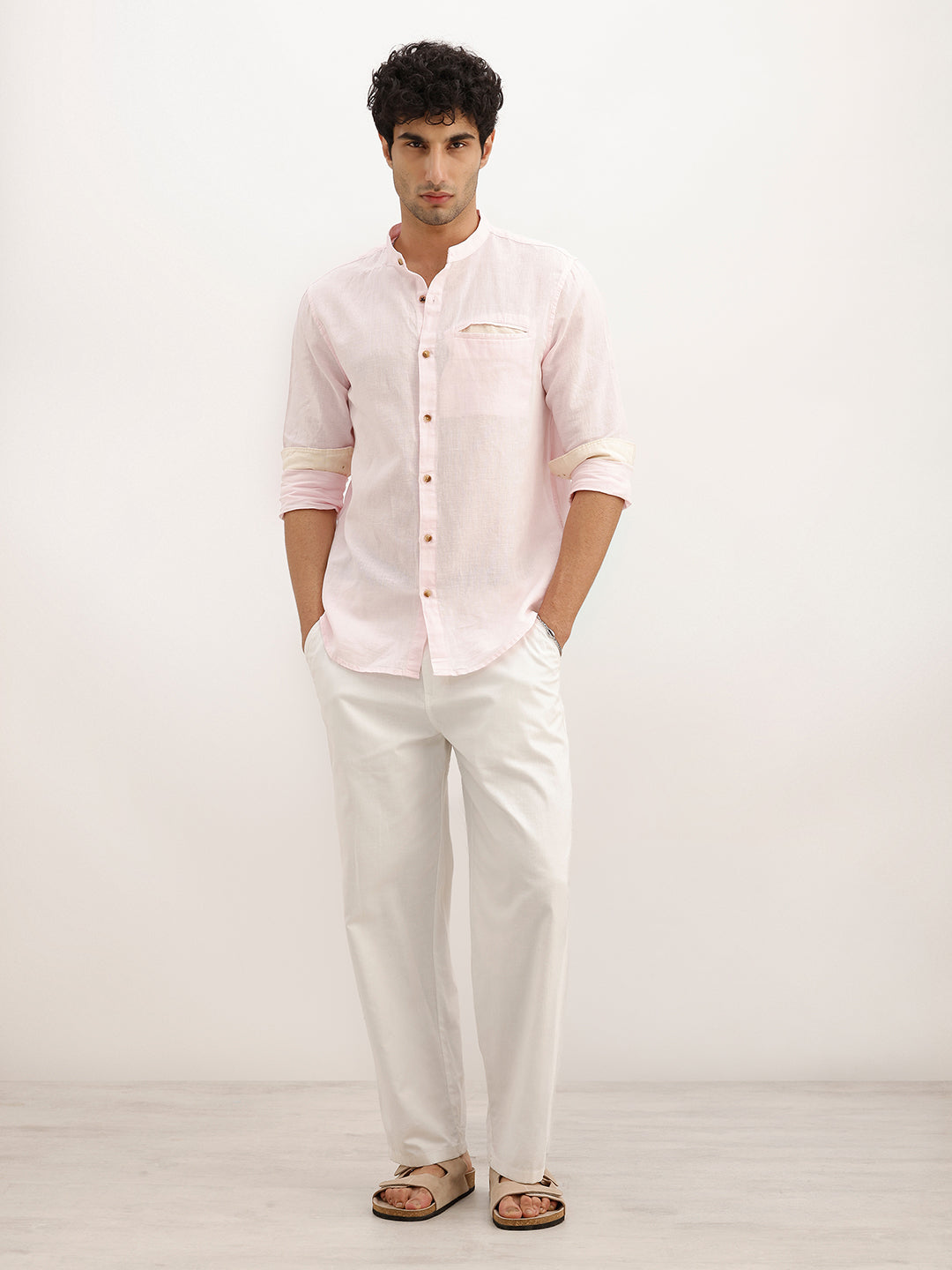 Solid Slim Fit Mandrin Collar Shirt | Pink