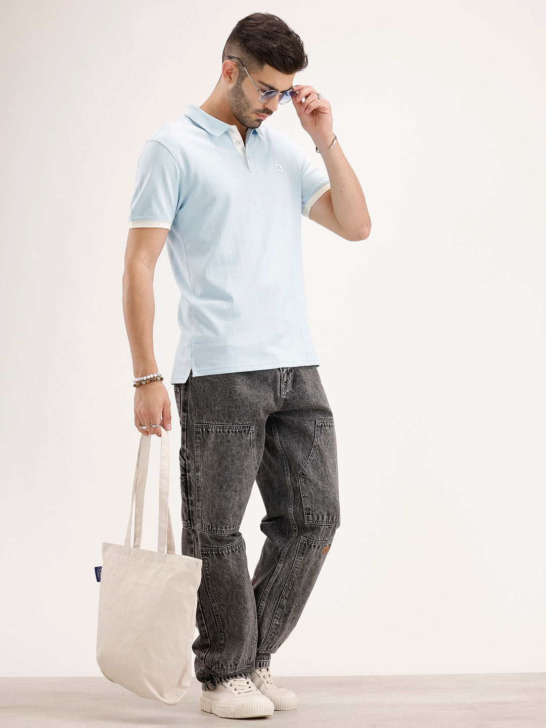 Solid Contrast Sleeves Polo T-Shirt | Light Blue