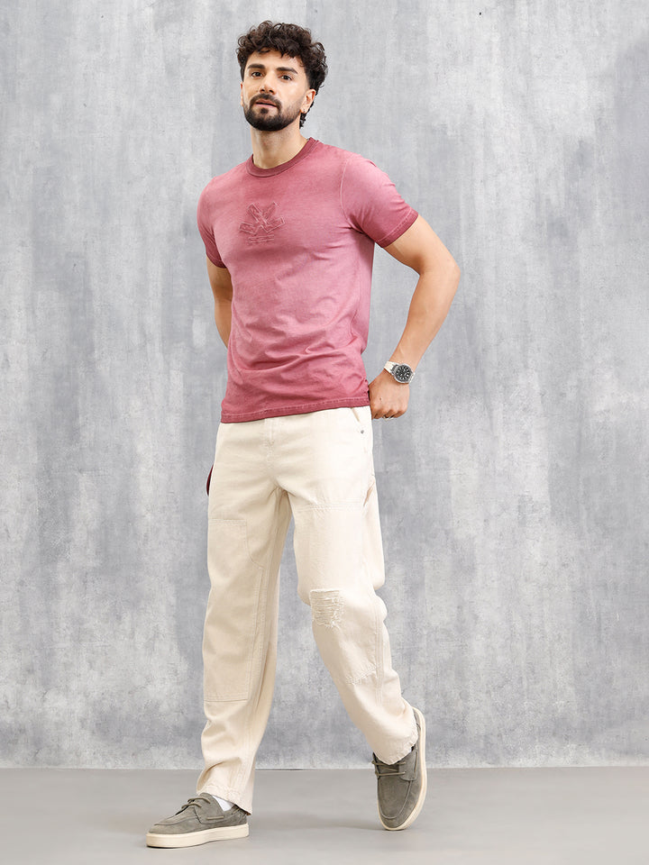 Grunge Pigment Washed T-Shirt With Logo Appliqué On Chest | Maroon