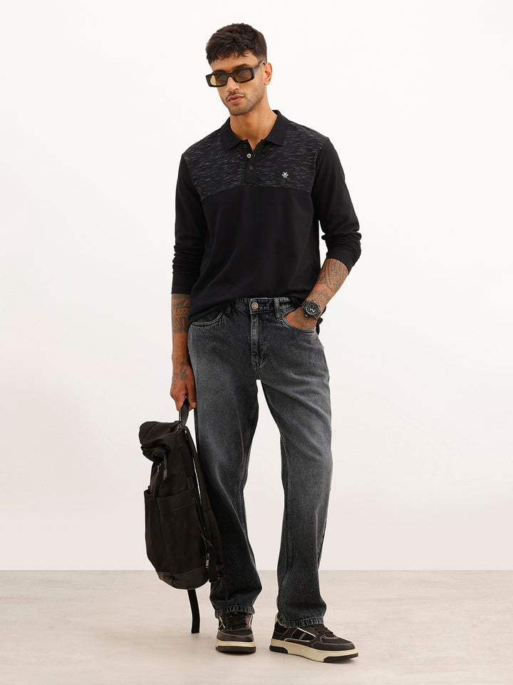 Classic Cut & Sew Full Sleeve Polo T-Shirt | Black
